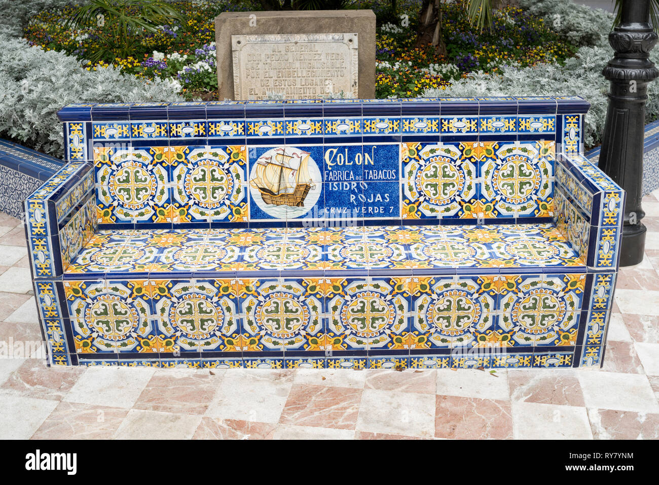 Old Colon tabacos advertising slogan on ceramic tiled bench in the  Plaza de Los Patos in Santa Cruz de Tenerife, Tenerife, Canary Islands Stock Photo