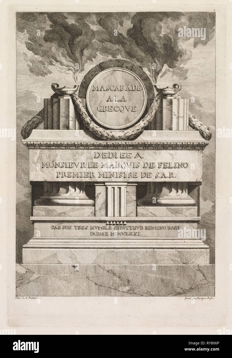 Mascarade à la Grecque: Dedication Page, 1771. Benigno Bossi (Italian, 1727-1792). Etching Stock Photo