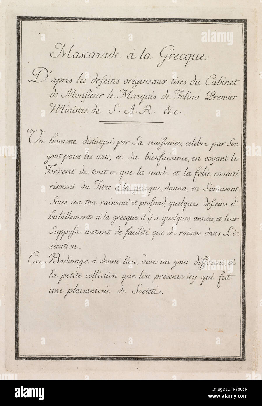 Mascarade à la Grecque: Title Page (Plate 1), 1771. Benigno Bossi (Italian, 1727-1792). Etching Stock Photo