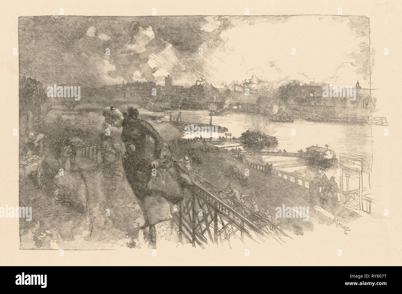 La Seine au Pont d'Austerlitz, 1866. Auguste Louis Lepère (French, 1849-1918), published in L'Estampe Originale. Wood engraving; sheet: 26.6 x 35 cm (10 1/2 x 13 3/4 in.); image: 16.8 x 26.5 cm (6 5/8 x 10 7/16 in Stock Photo