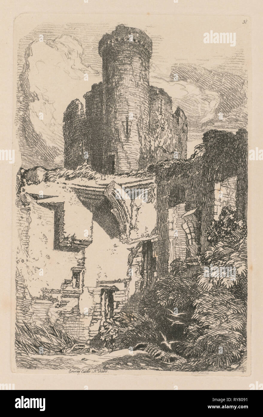 Liber Studiorum: Plate 31, Conway Castle, N. Wales, 1838. John Sell Cotman (British, 1782-1842). Softground etching, from a bound volume containing 48 plates; sheet: 49.6 x 32 cm (19 1/2 x 12 5/8 in.); platemark: 18.9 x 12.6 cm (7 7/16 x 4 15/16 in Stock Photo