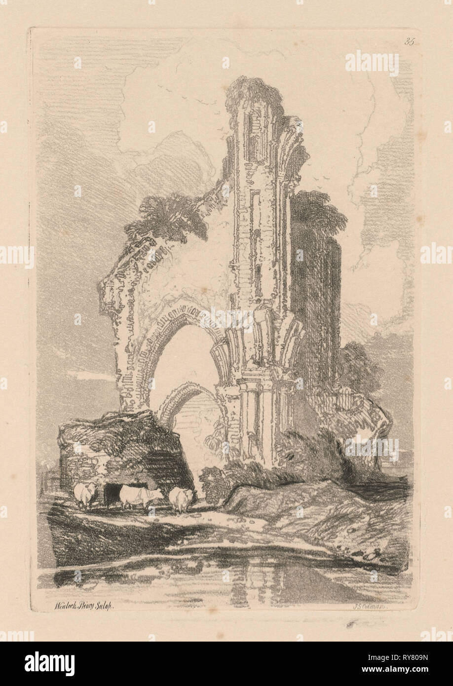 Liber Studiorum: Plate 35, Wenlock Priory, Salop, 1838. John Sell Cotman (British, 1782-1842). Softground etching, from a bound volume containing 48 plates; sheet: 49.5 x 32 cm (19 1/2 x 12 5/8 in.); platemark: 18.6 x 12.5 cm (7 5/16 x 4 15/16 in Stock Photo