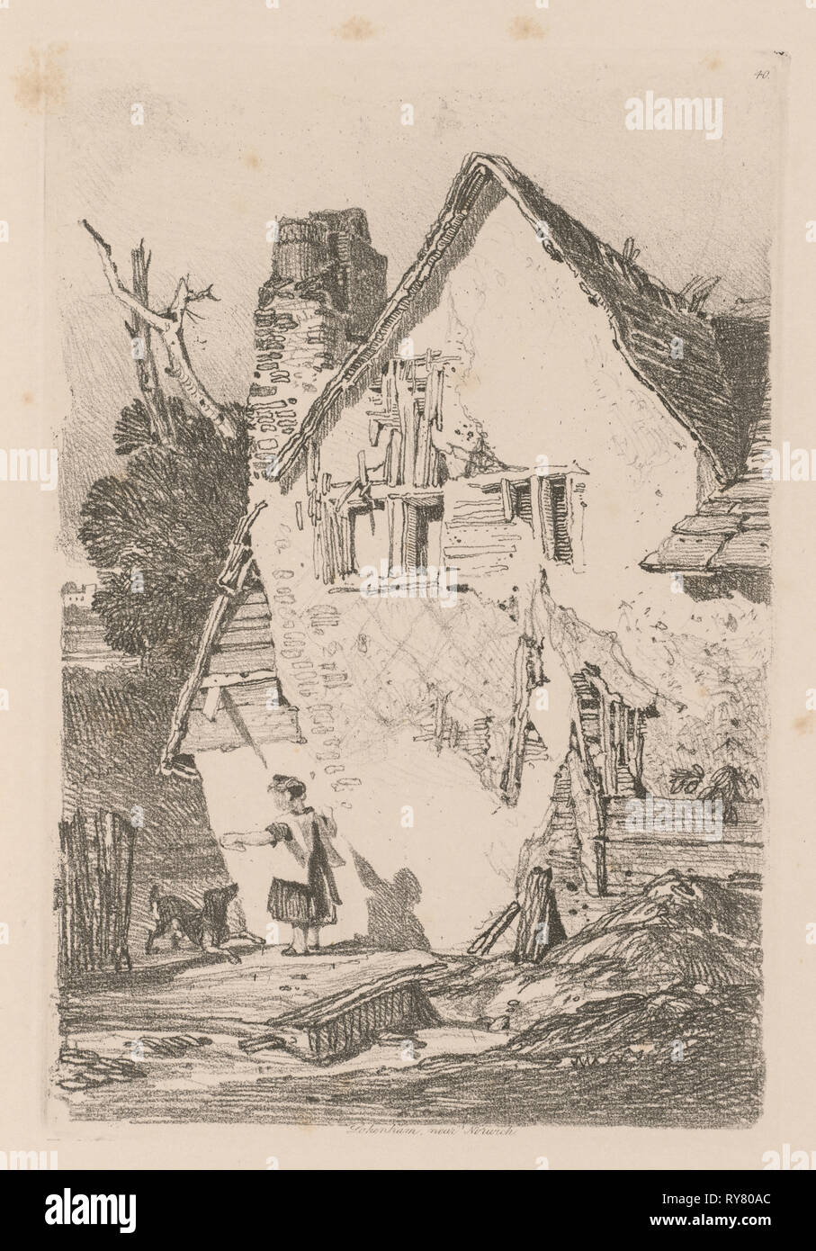 Liber Studiorum: Plate 40, Lakenham, near Norwich, 1838. John Sell Cotman (British, 1782-1842). Softground etching, from a bound volume containing 48 plates; sheet: 49.6 x 32 cm (19 1/2 x 12 5/8 in.); platemark: 23.7 x 16.1 cm (9 5/16 x 6 5/16 in Stock Photo