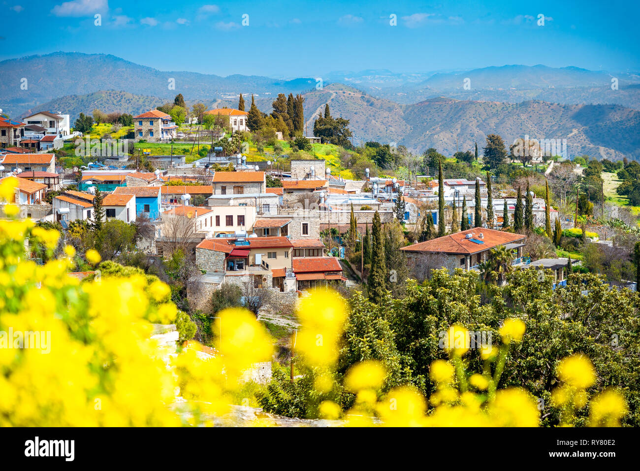 Amazing view of famous landmark tourist destination valley Pano Lefkara village, Larnaca, Cyprus known by ceramic tiled house roofs and Greek orthodox Stock Photo