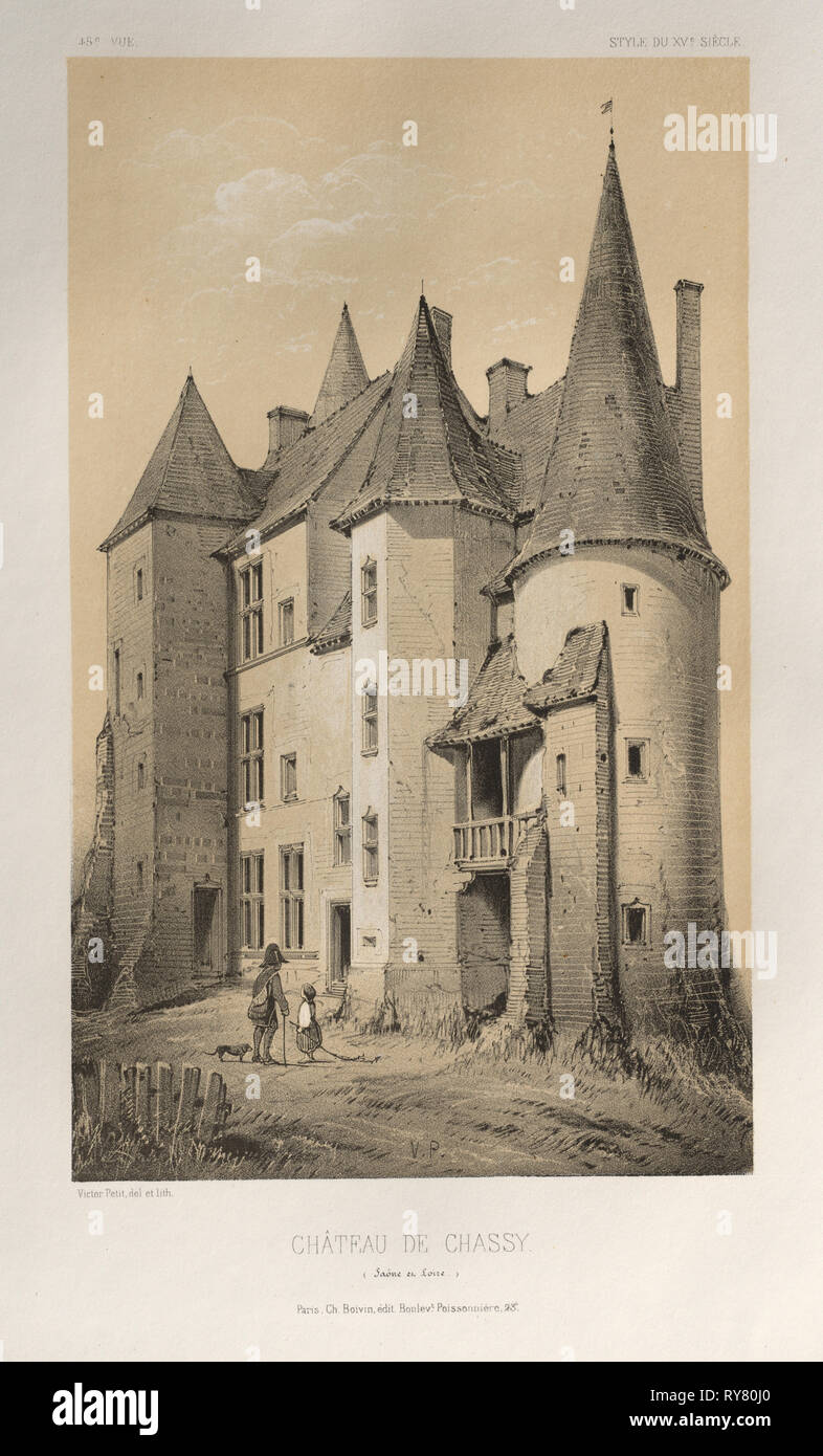Architecture Pittoresque ou Monuments des xveme. Et xvieme. Siecles: Chateaux De France des XV et XVI Siecles: Pl. 45 Château De Chassy (Saône et Loire), 1860. Victor Petit (French, 1817-1874), Charles Boivin (publisher and editor); Lith de Godard a Paris (printer). Lithograph with tint stone, from portfolio of 100 lithographs with tint stone; sheet: 35.5 x 27.3 cm (14 x 10 3/4 in.); image: 22.8 x 13.8 cm (9 x 5 7/16 in Stock Photo