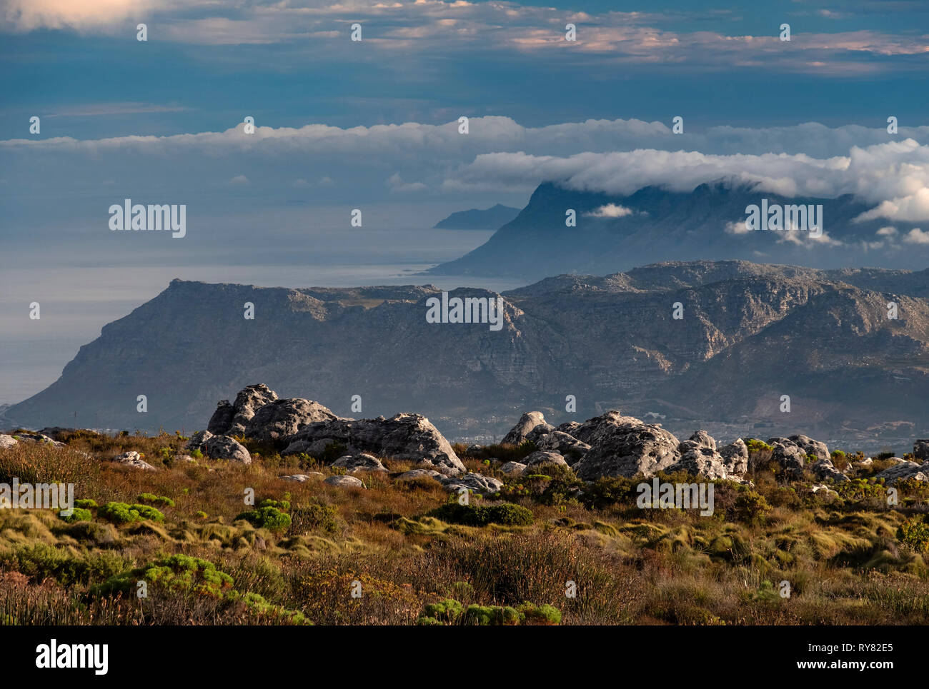 The Muizenberg Mountains, False Bay and Cape Peninsula from Table Mountain, Cape Town, Western Cape, South Africa Stock Photo