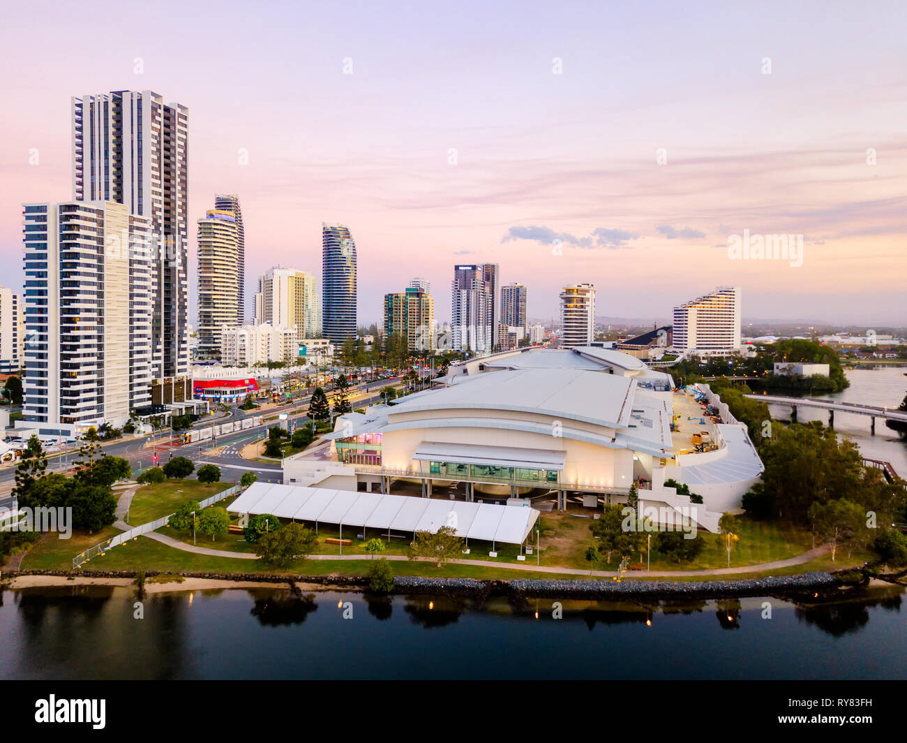 An aerial view of Broadbeach on the Gold Coast at sunset 12 March