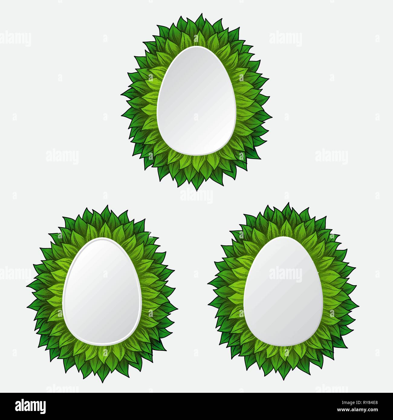 Three white Easter eggs with different leaves outside Stock Vector