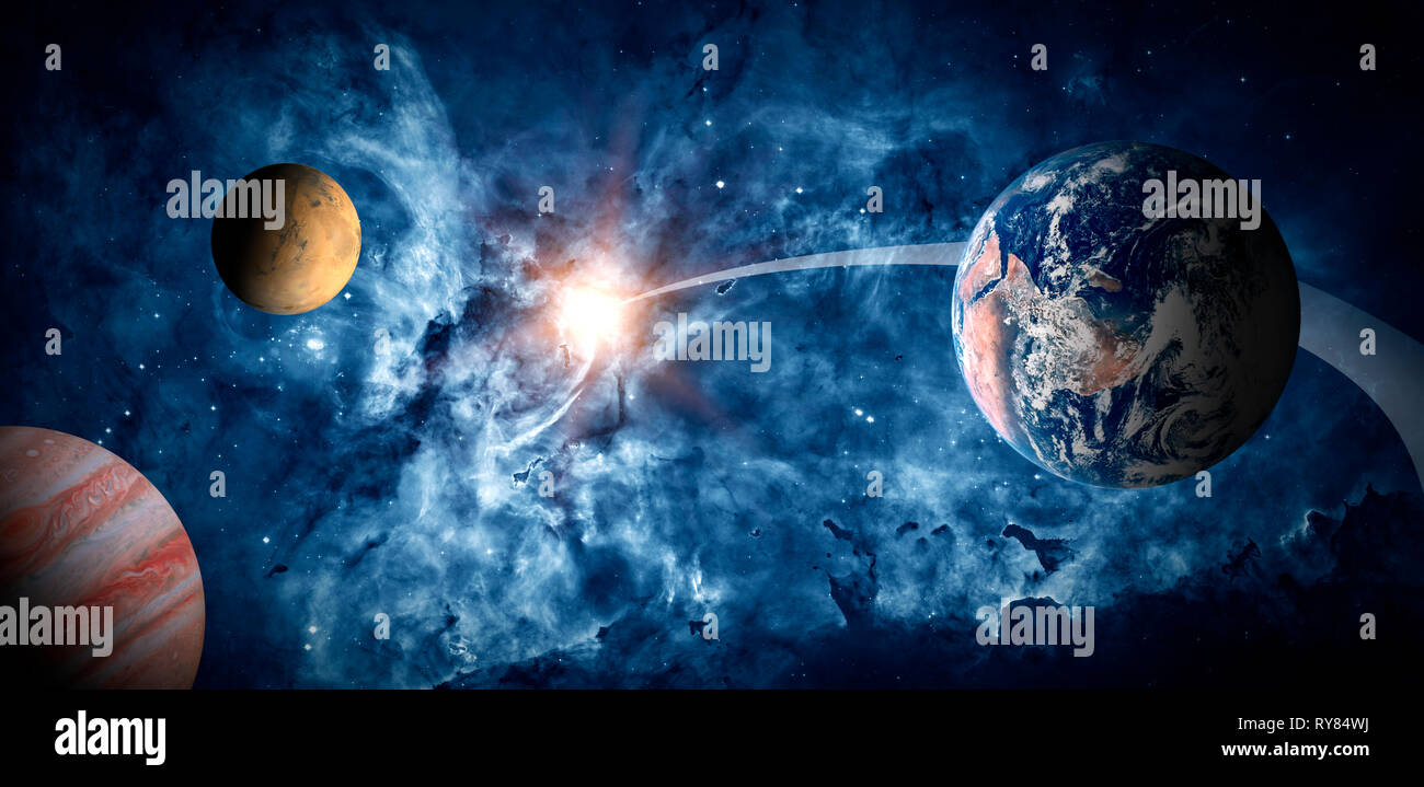 Planets of the solar system against the background of a spiral galaxy in space. Stock Photo