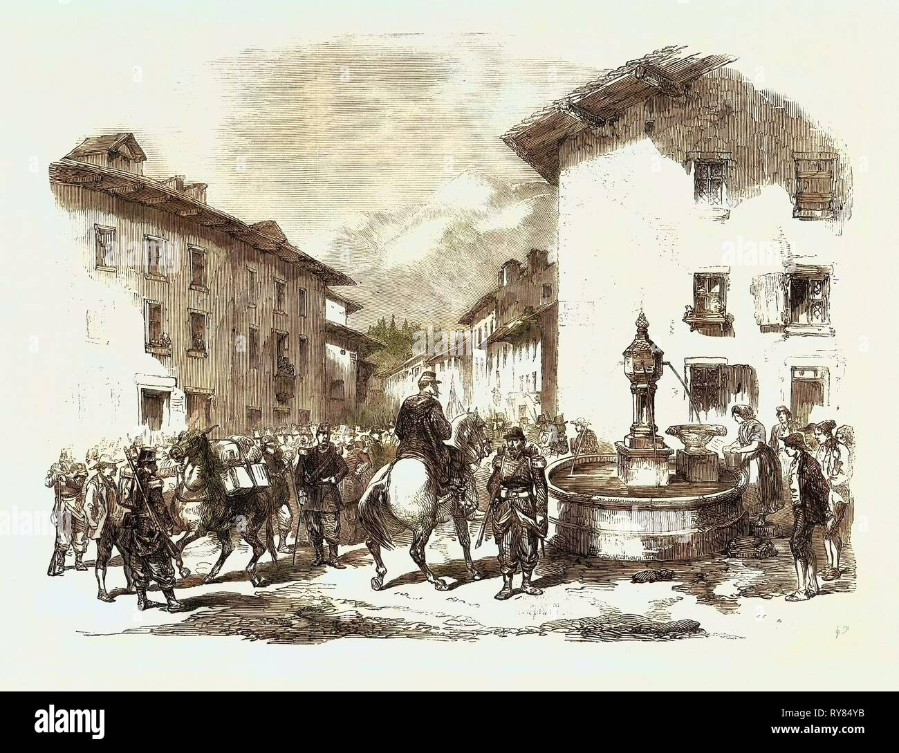 The War Arrival of the Second Division of the 4th Corps of French Troops at Modane Savoy on the 3rd Inst. From a Sketch by J.A. Beauce Stock Photo