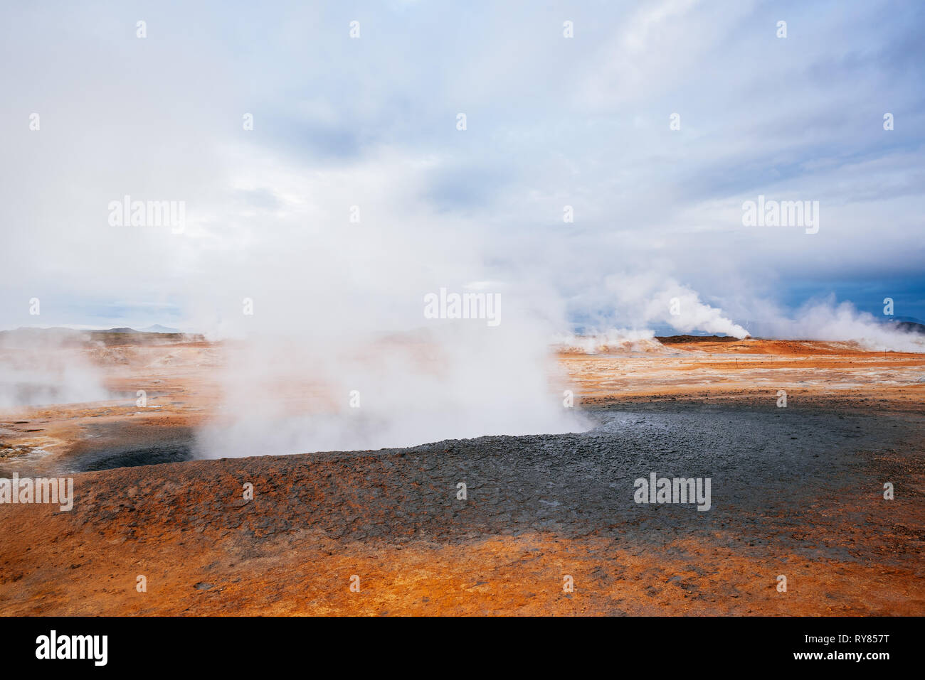 Landscape with eruption steam. Geothermal area Hverir, Iceland, Europe Stock Photo