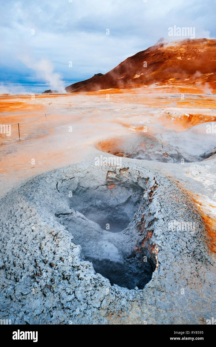 Namafjall - geothermal area in field of Hverir. Landscape which pools of boiling mud and hot springs. Tourism and natural attractions in Iceland Stock Photo