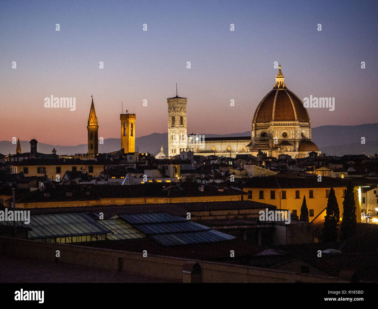 Cathedral of Santa Maria del Fiore, in Florence and its baptistery seen from afar Stock Photo