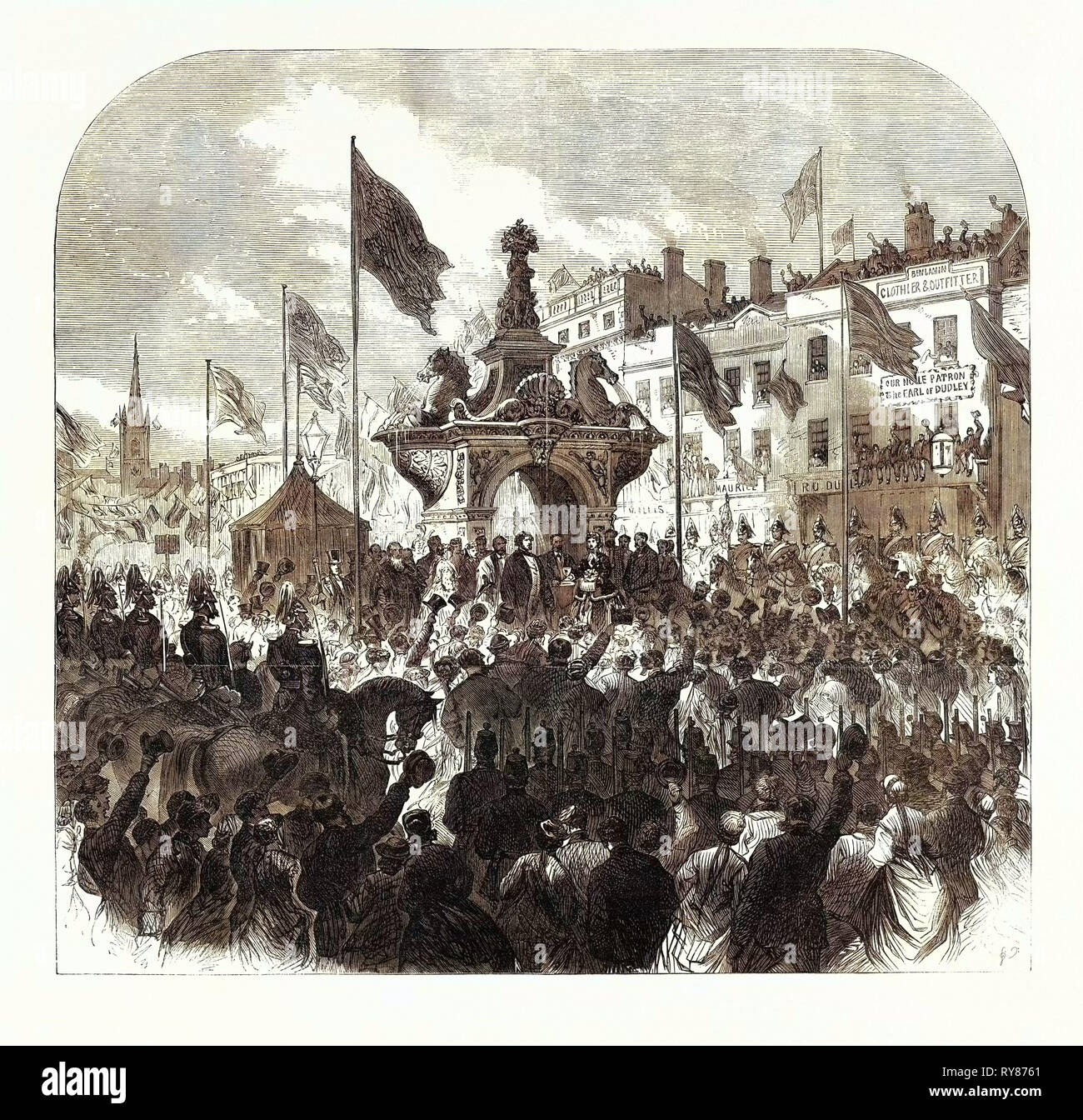Opening of the Dudley Fountain in the Marketplace Dudley 1867 Stock Photo