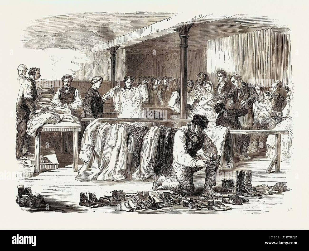 The Cotton Famine: The Manchester and Salford District Provident Society Distributing Clothing 1862 Stock Photo