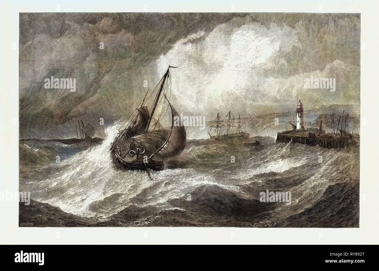 Freshening Gale Scarborough Fishing Boats Returning to Harbour, from the Royal Academy Exhibition 1871 Stock Photo