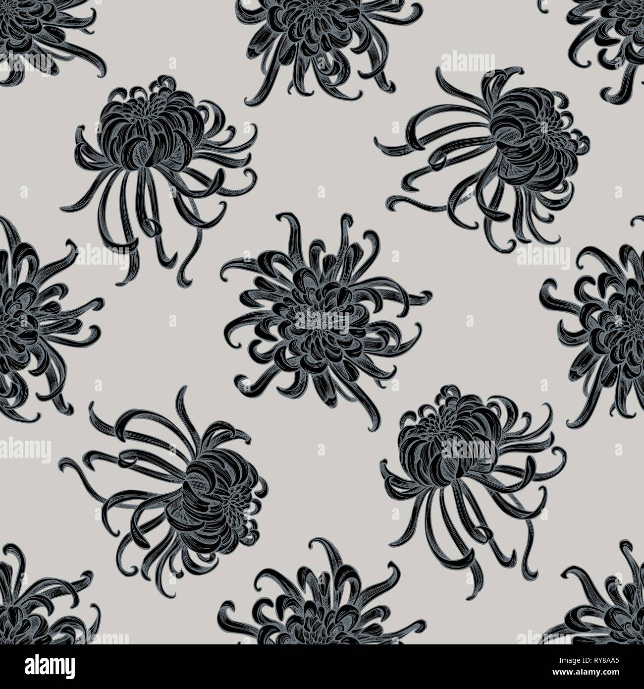 Seamless pattern with hand drawn stylized japanese chrysanthemum Stock Vector