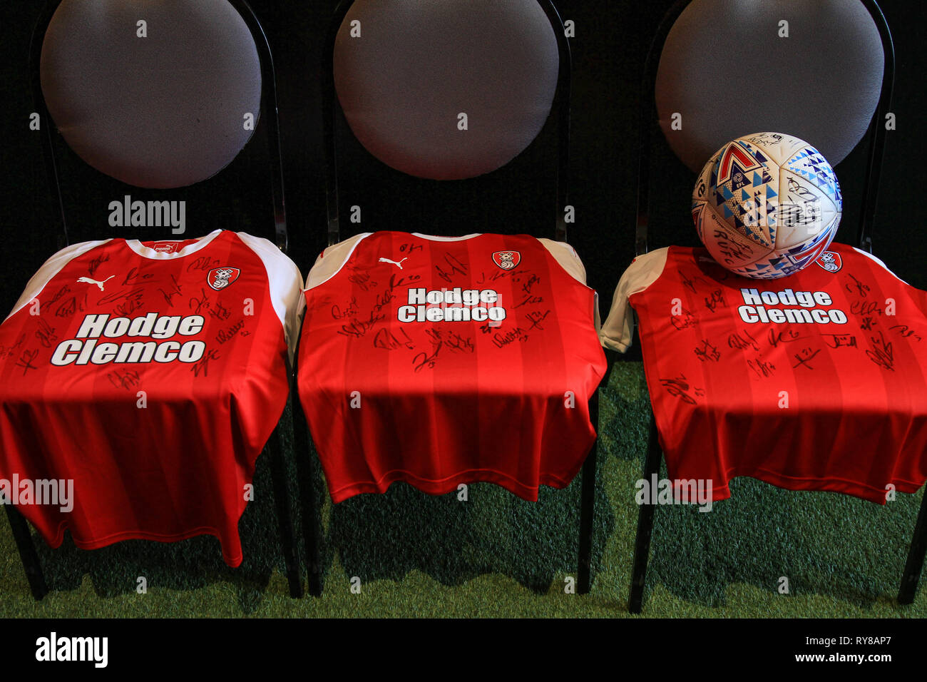 2nd March 2019, New York Stadium, Rotherham, England; Sky Bet Championship Rotherham United vs Blackburn Rovers ; Signed Rotherham United shirts at The New York Stadium, home of Rotherham United FC   Credit: John Hobson/News Images  English Football League images are subject to DataCo Licence Stock Photo