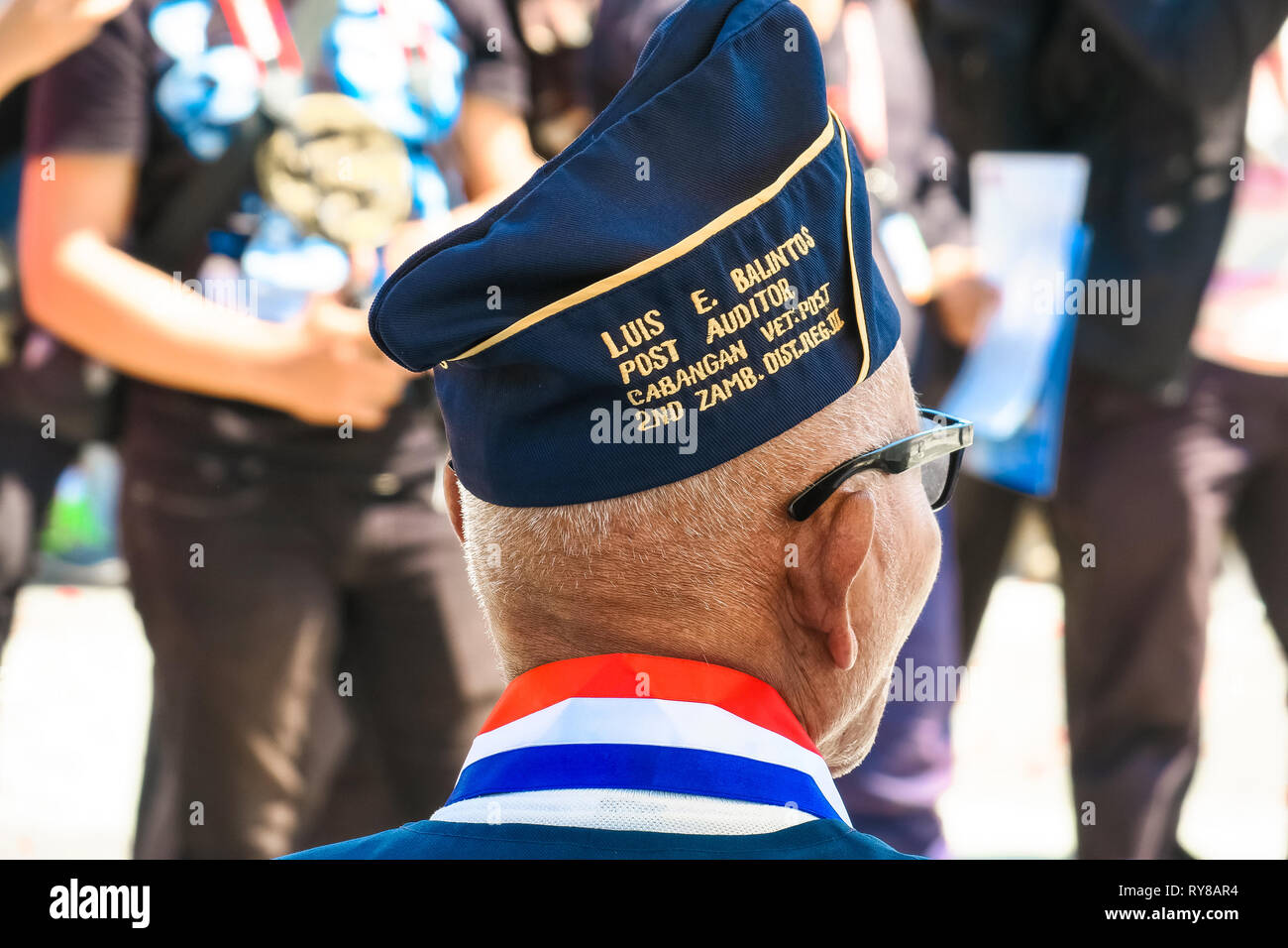 WWII Veteran in hat, from behind - 74th Bataan Day Anniversary - Capas Shrine, Tarlac, Philippines Stock Photo