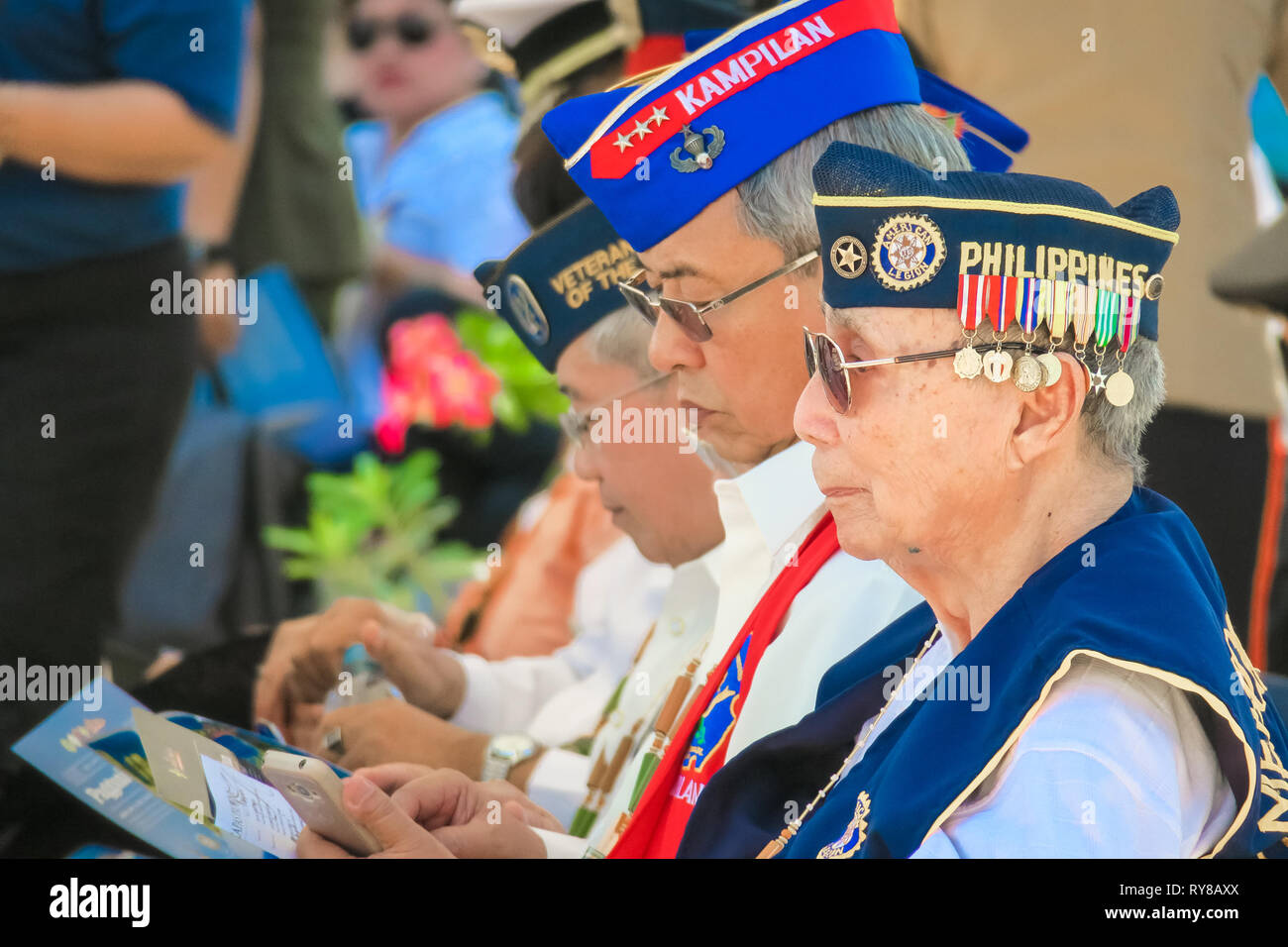 WWII Veteran sitting at 74th Bataan Day Anniversary - Capas Shrine, Tarlac, Philippines Stock Photo