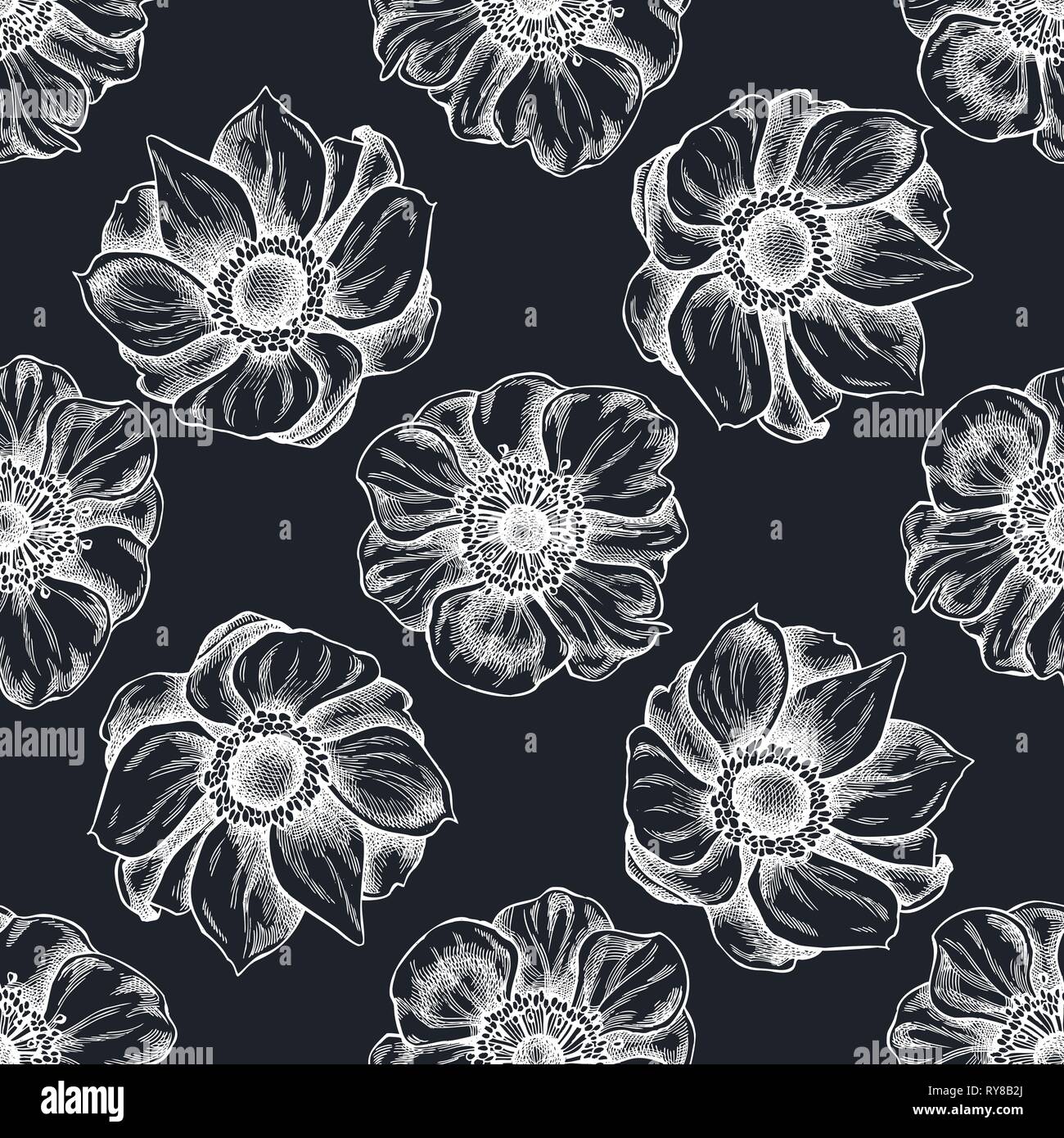 Seamless pattern with hand drawn chalk anemone Stock Vector