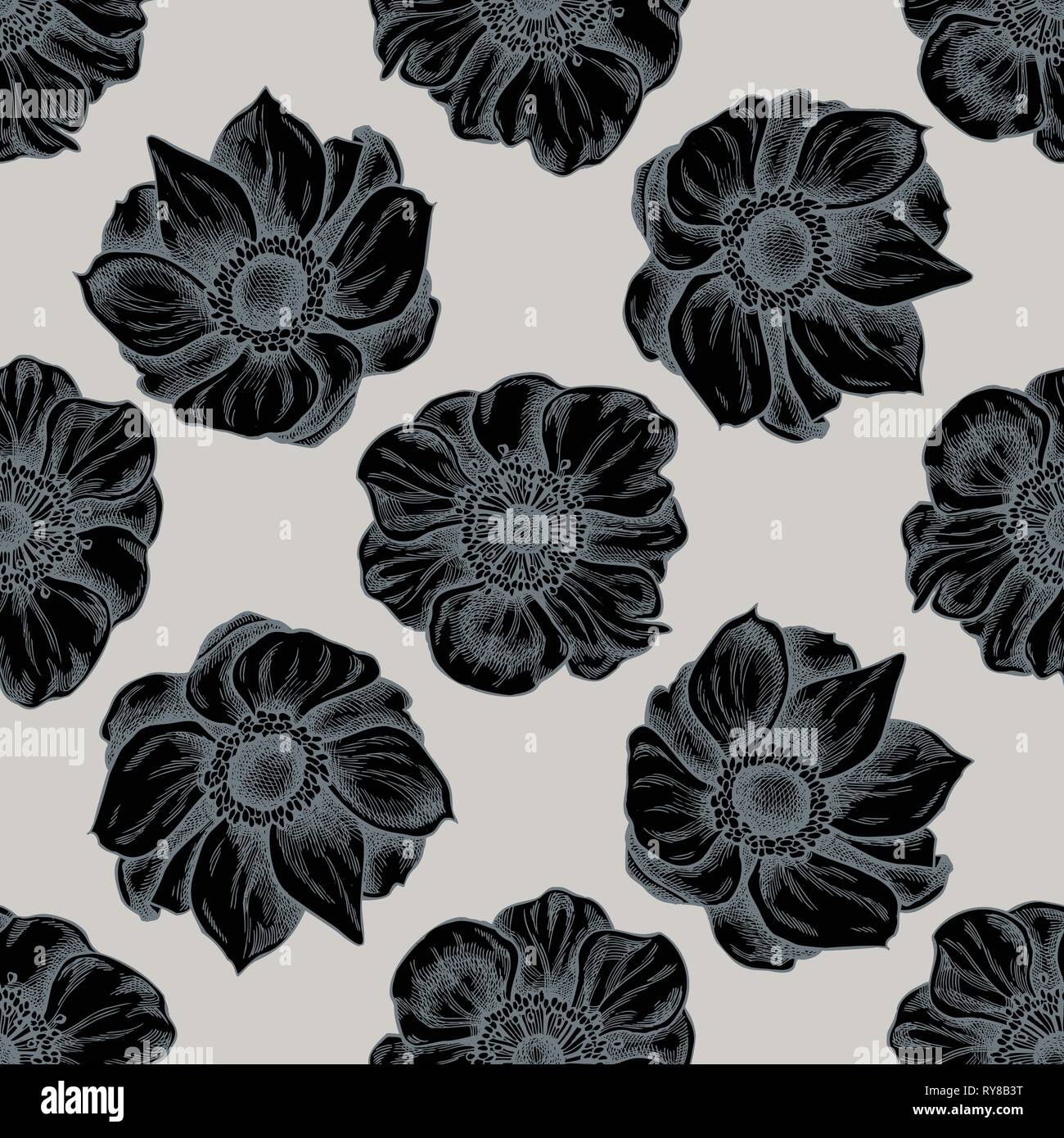 Seamless pattern with hand drawn stylized anemone Stock Vector