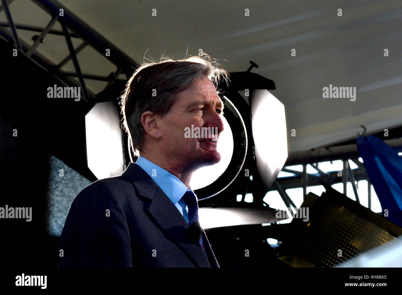 Dominic Grieve MP (Conservative: Beaconsfield) former Attourney General, being interviewed on College Green, Westminster, March 11th 2019 Stock Photo