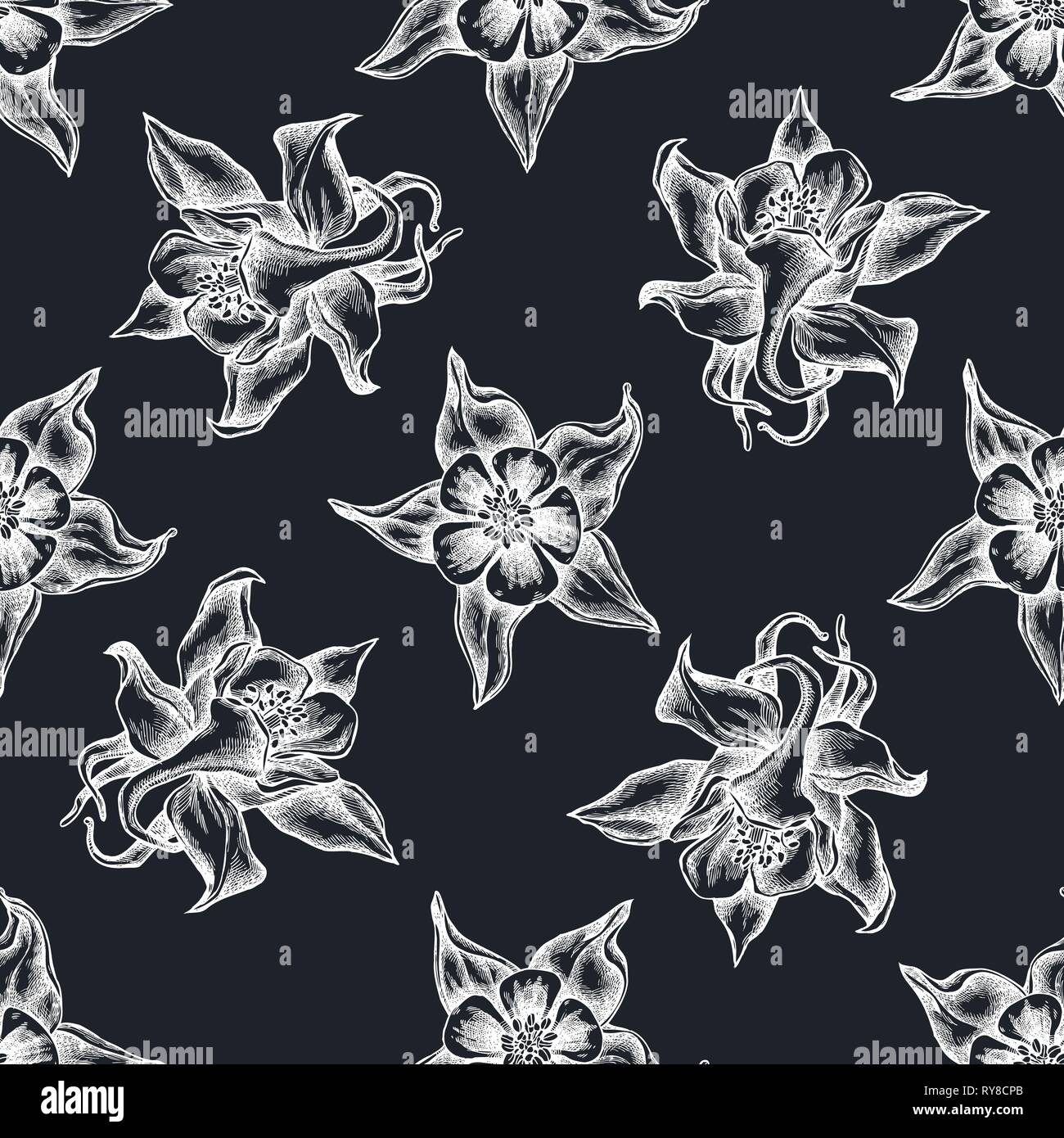 Seamless pattern with hand drawn chalk aquilegia Stock Vector