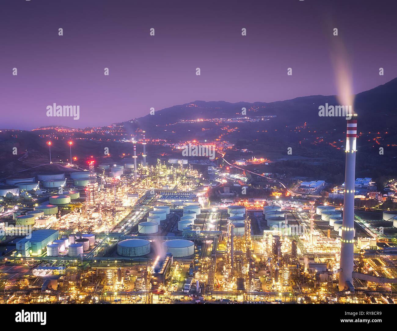 industrial factory with smokestacks and smoke at the night Stock Photo ...
