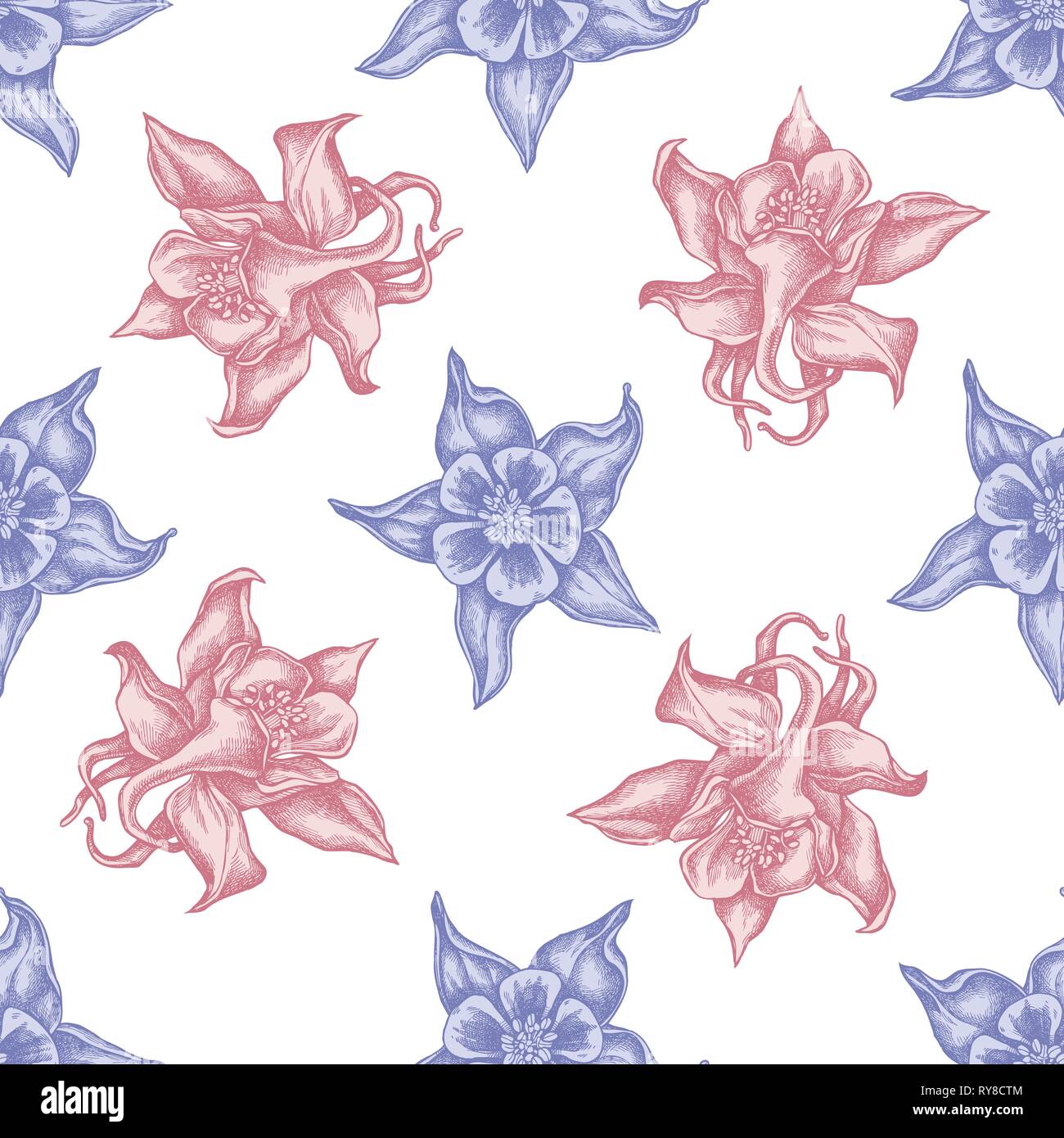 Seamless pattern with hand drawn pastel aquilegia Stock Vector