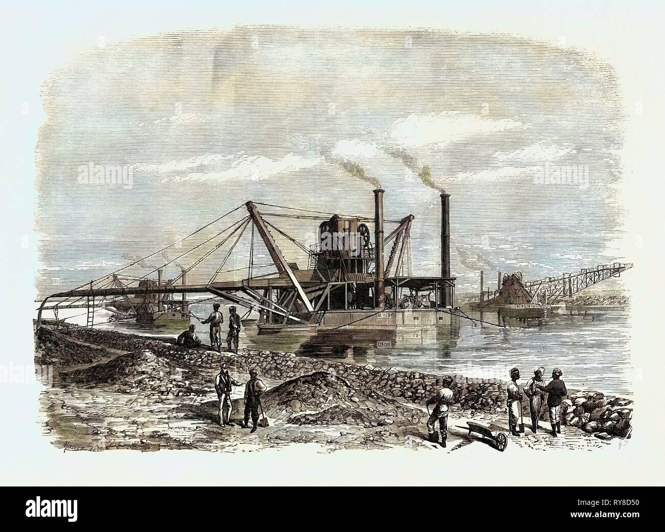 The Isthmus of Suez Maritime Canal: Dredges and Elevators at Work 1869 Stock Photo