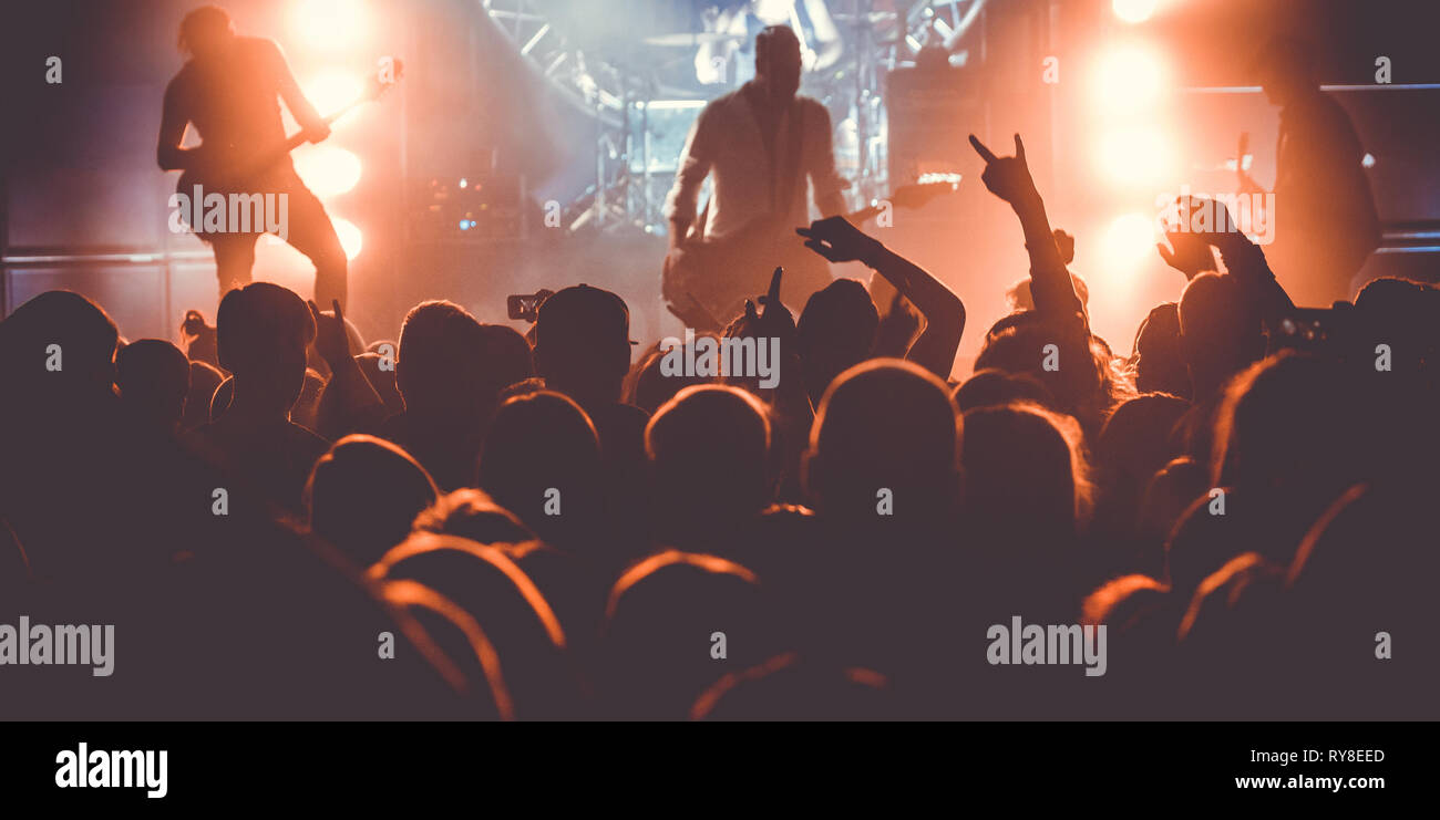 The audience with their hands on a rock concert. Stock Photo