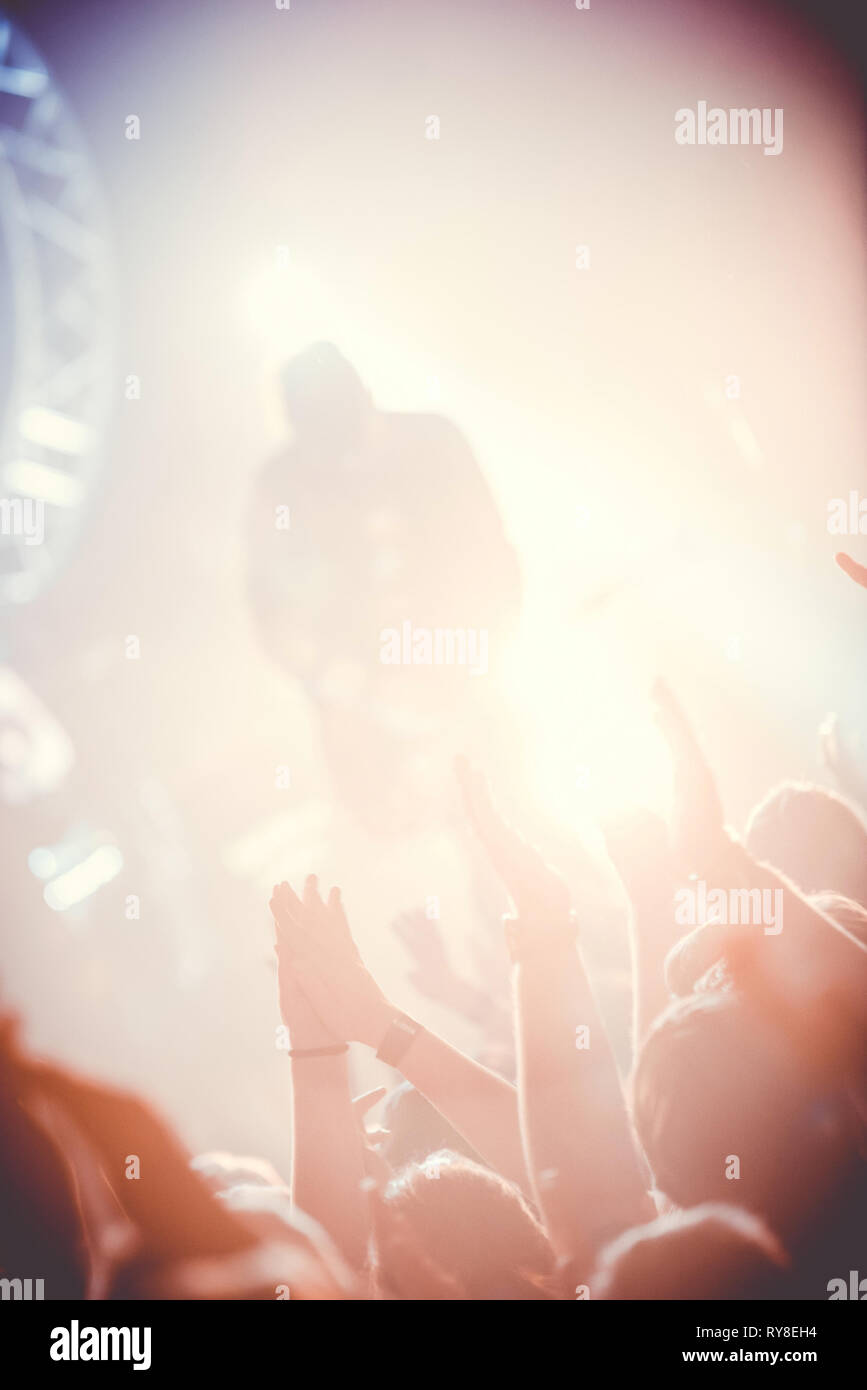 The audience with their hands on a rock concert. Stock Photo
