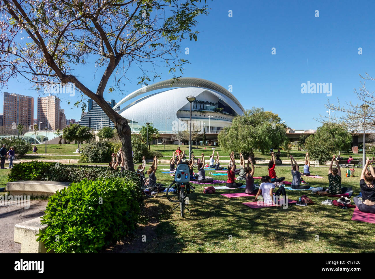 Spain Valencia Turia gardens, people are meeting in the park Valencia Spain yoga class outside, garden yoga group Valencia Turia Park Stock Photo