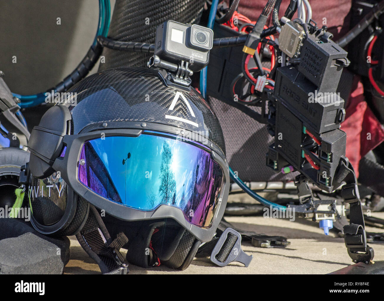 BASINGSTOKE, UK - MARCH 11, 2019: Specialist helmet branded for Gravity Industries to be worn by a pilot to use with an individual jet pack which will Stock Photo