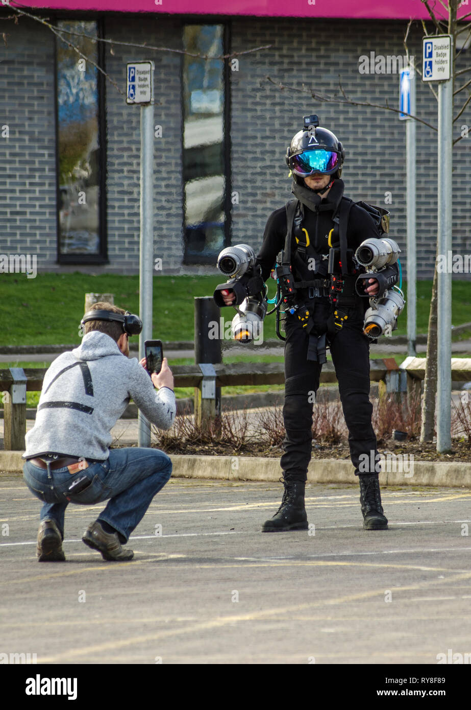 BASINGSTOKE, UK - MARCH 11, 2019:  Founder of Gravity Industries Richard Browning makes final preparations before pilot Ryan Hopgood demonstrates the  Stock Photo