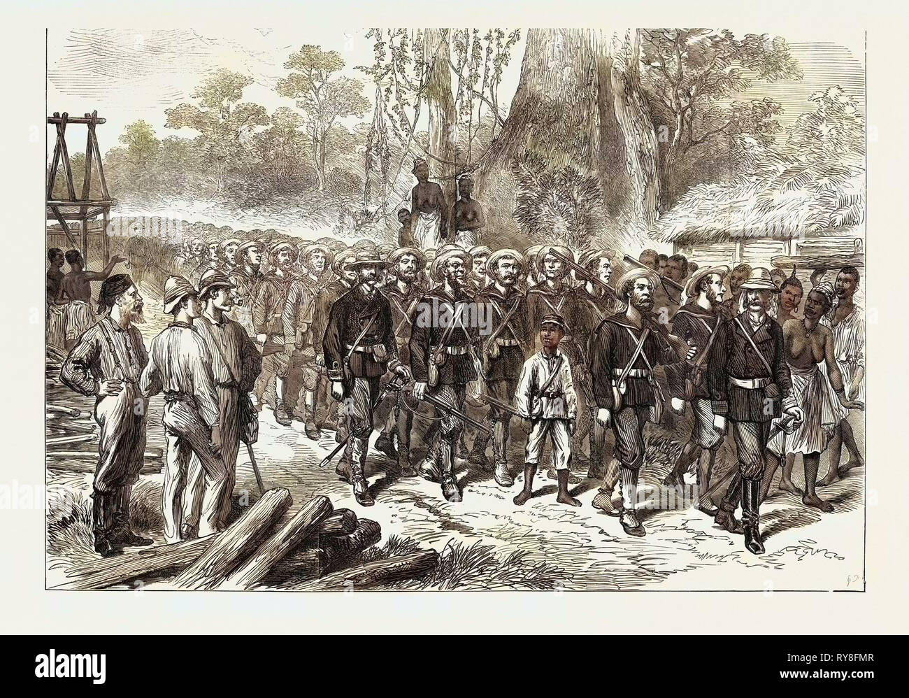 The Ashantee War: Arrival of the Naval Brigade in Camp at Prahsu 1874 Stock Photo