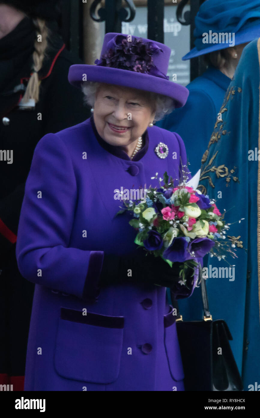 Her Majesty, Queen Elizabeth II, all smiiles following a service for Commonwealth Day at Westminster Abbey Stock Photo