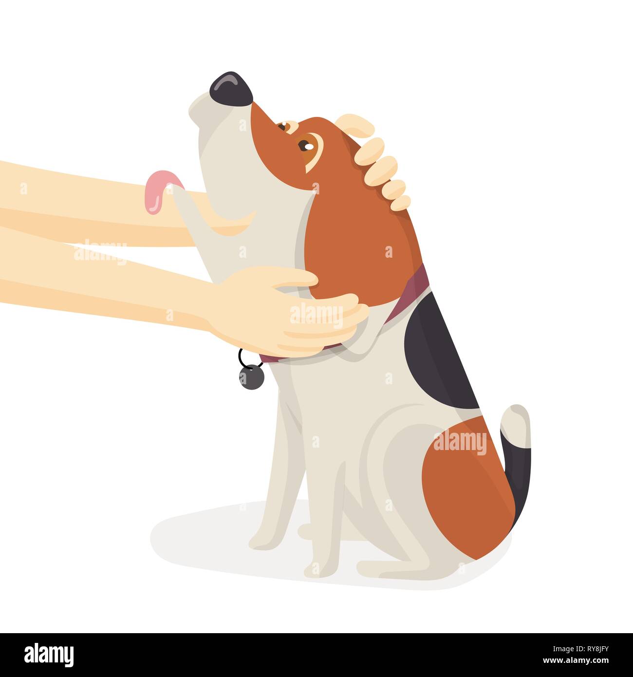 Human hand embrace adorable beagle dog sitting on floor. Lovely friendship between animal and owner. Cartoon vector illustration Stock Vector