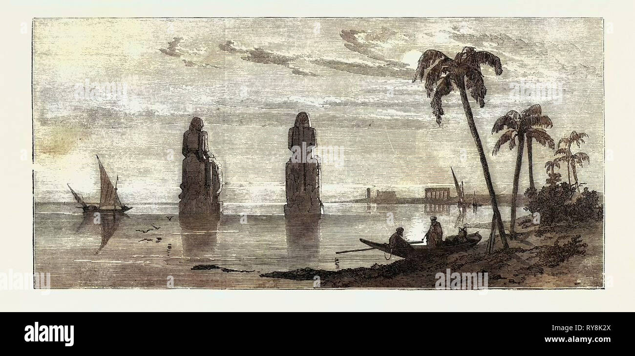 Colossal Statues in the Plain of Thebes During the Inundation Inundation of the Nile Stock Photo