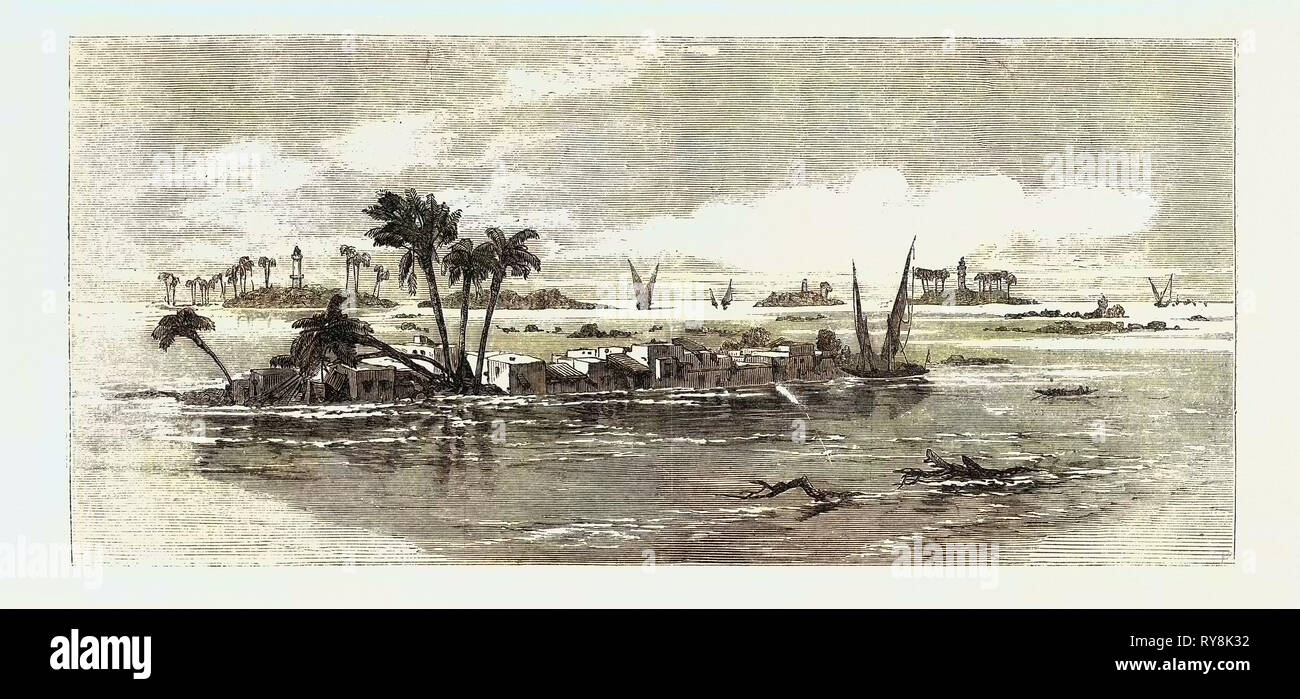 View on the Nile: Inundation of Villages and Encampment on the Bank of the Nile Inundation of the Nile Stock Photo