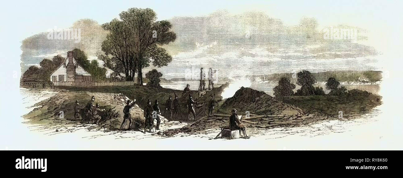 The Civil War in America: The Ten Pounder Gun Battery (Federalist) at Budd's Ferry Lower Potomac Opposite the Confederate Batteries on the Virginia Shore Stock Photo
