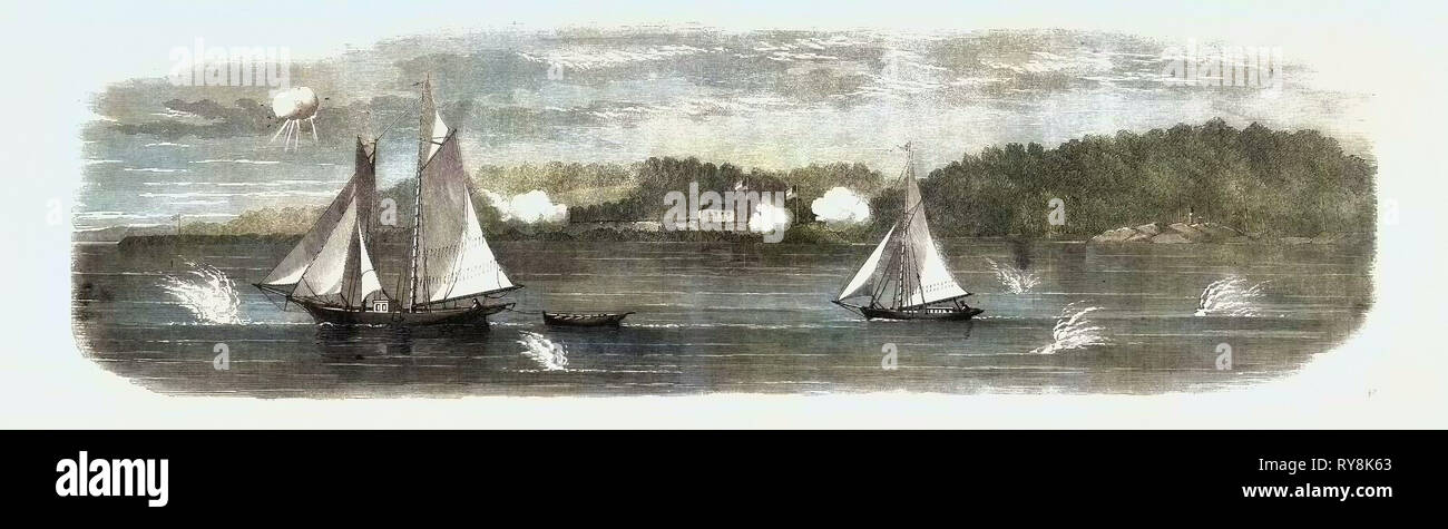 The Civil War in America: The Confederate Batteries on the Lower Potomac Virginia Shore Opposite Budd's Ferry Government Store Schooners Running the Blockade Stock Photo