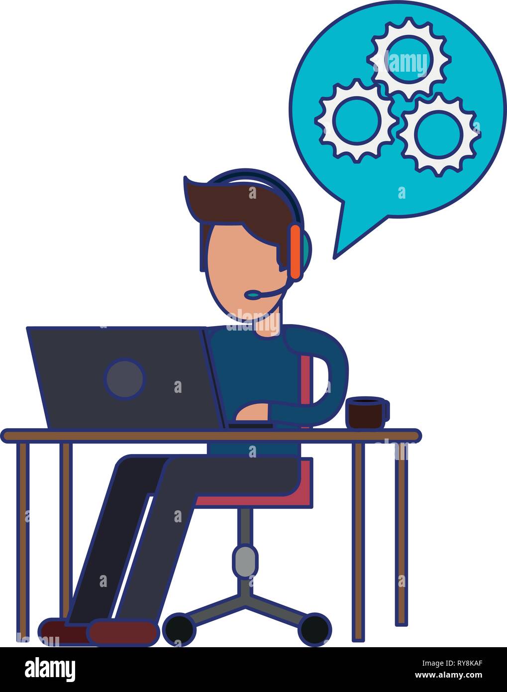 freelancer working with laptop on desk blue lines Stock Vector Image ...