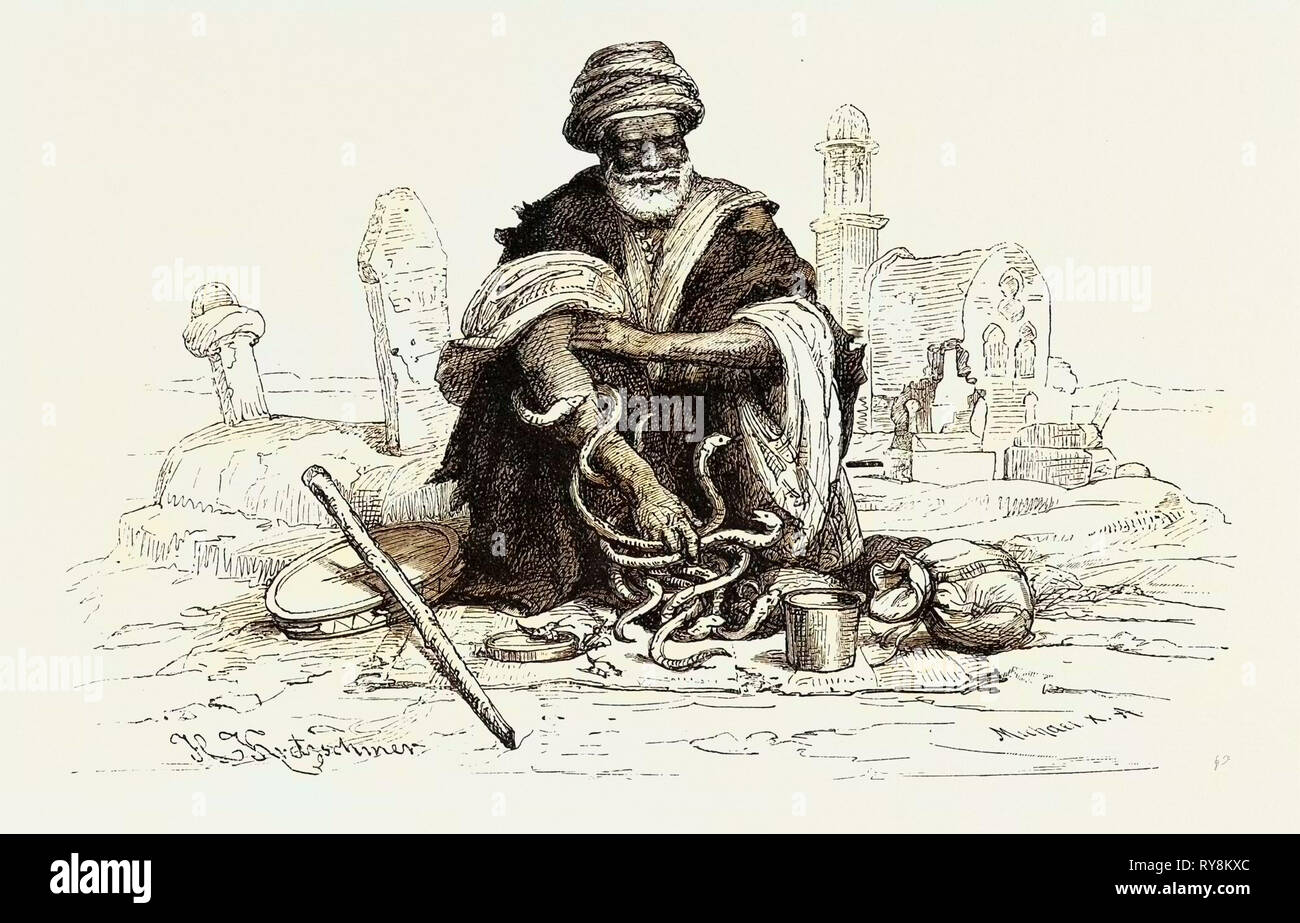 SNAKE-CHARMER.  Snake charming is the practice of pretending to hypnotise a snake by playing an instrument. Egypt, engraving 1879 Stock Photo