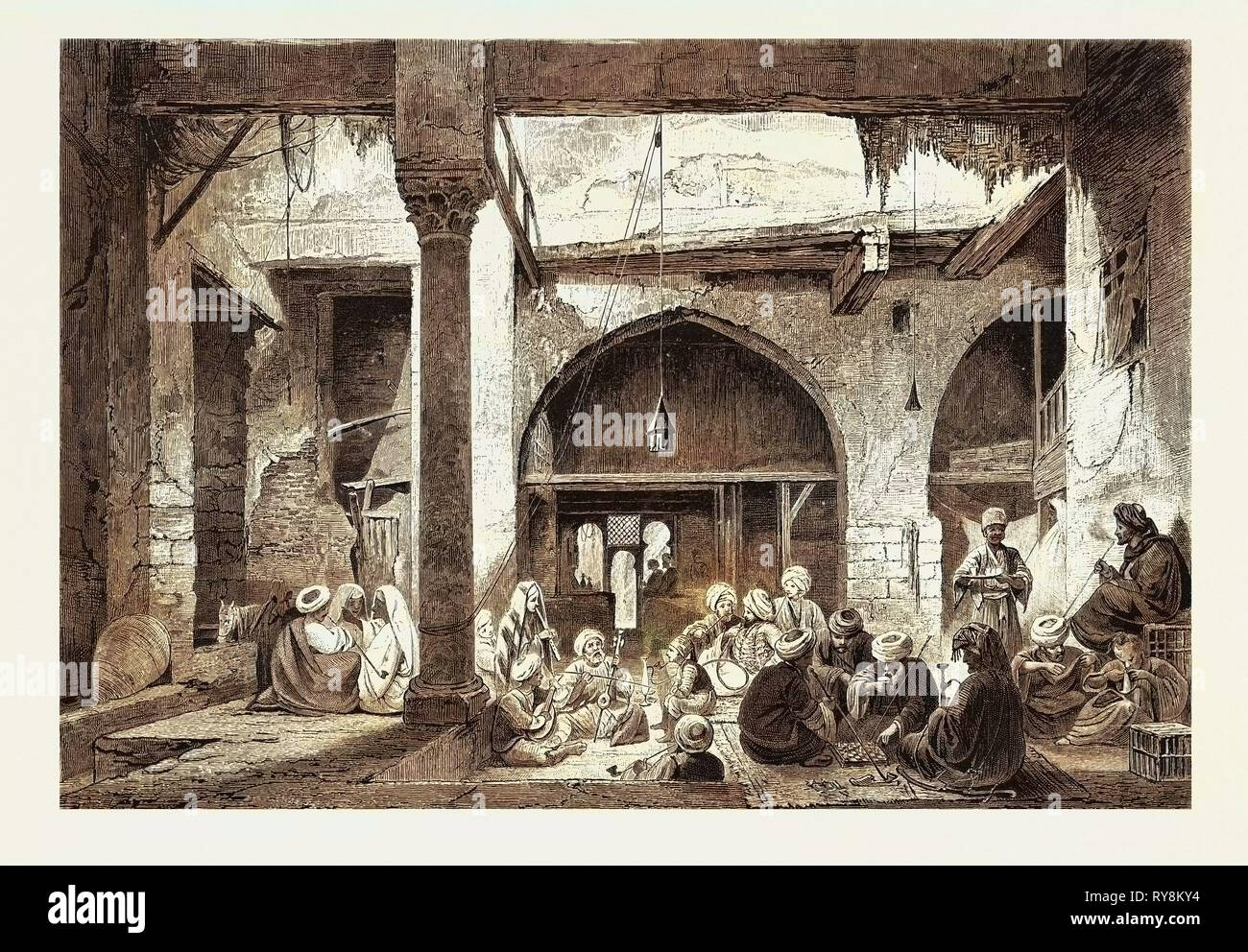 PROVINCIAL COFFEE-HOUSE.  Egypt, engraving 1879 Stock Photo