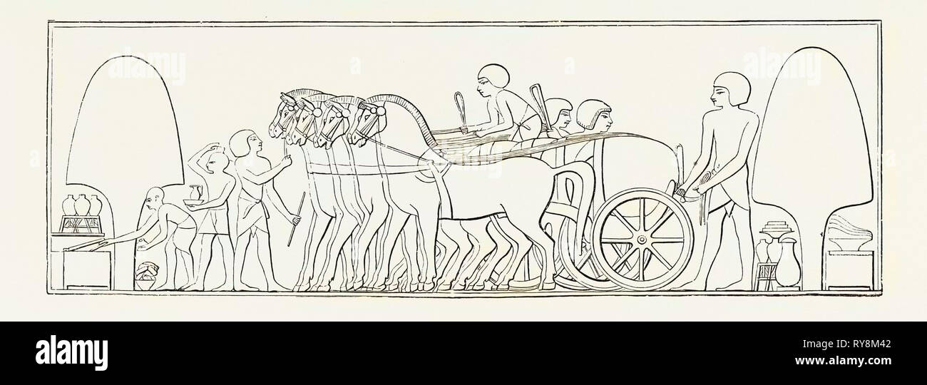FOUR-HORSE CHARIOT OF A PRIVATE PERSON FROM ABD-EL-KURNAH. Egypt, engraving 1879 Stock Photo