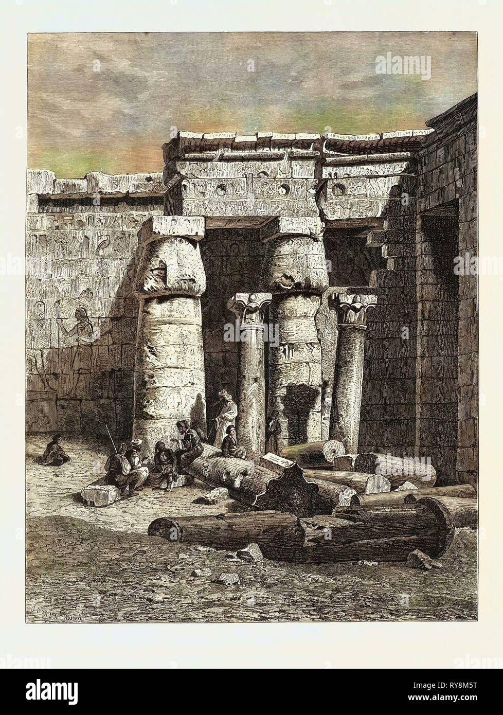 COURT WITH REMAINS OF A CHRISTIAN CHURCH AT MEDINET HABOO. Egypt, engraving 1879 Stock Photo