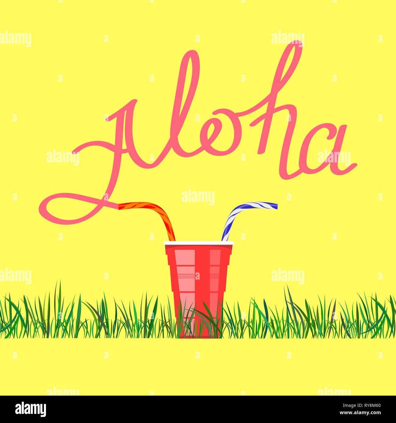 Lettering AlohaText with Red Plastic Cup. Hand Sketched Vacation Typography Sign for Badge, Icon, Banner Stock Vector
