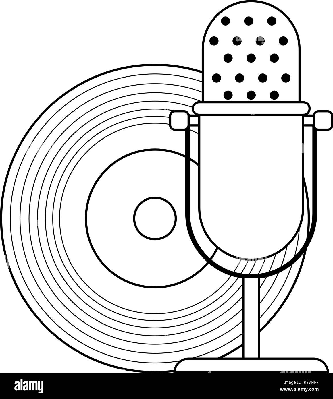 vintage vinyl and microphone symbol in black and white Stock Vector